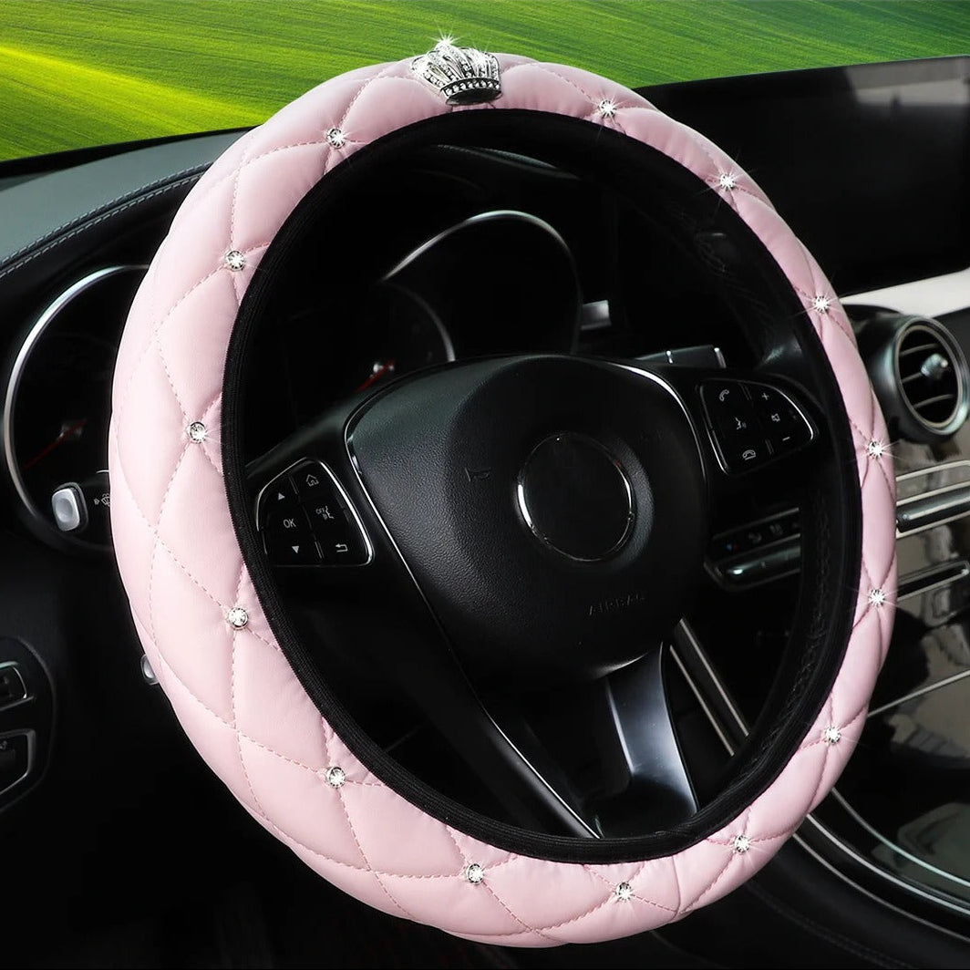 Sheepskin Diamond-encrusted Crown Car Steering Wheel Cover